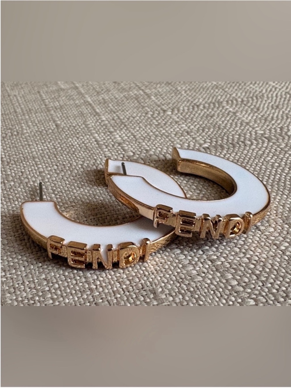 Fendi White and Gold Logo Hoop Earrings